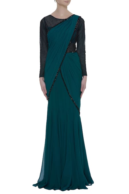 Shop_ARPAN VOHRA_Blue Georgette Round Embellished Saree Gown  _Online_at_Aza_Fashions