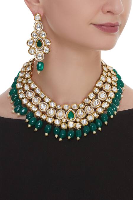 Shop Masaya Jewellery Gold Plated Kundan And Bead Choker Set at Aza Fashions Shop_Masaya Jewellery_Gold Plated Kundan And Bead Choker Set_at_Aza_Fashions