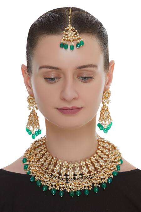 Shop_Masaya Jewellery_Gold Plated Kundan And Bead Choker Set_at_Aza_Fashions