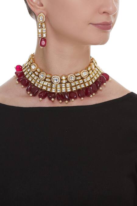 Shop_Masaya Jewellery_Bead And Kundan Choker Jewellery Set_at_Aza_Fashions
