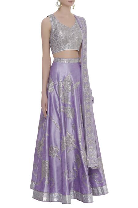 Vandana Sethi_Purple V Neck Gota Patti Embroidered Bridal Lehenga Set _Online_at_Aza_Fashions