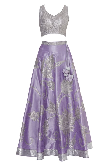 Buy_Vandana Sethi_Purple V Neck Gota Patti Embroidered Bridal Lehenga Set _Online_at_Aza_Fashions