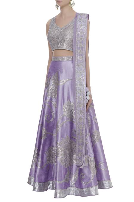 Shop_Vandana Sethi_Purple V Neck Gota Patti Embroidered Bridal Lehenga Set _Online_at_Aza_Fashions