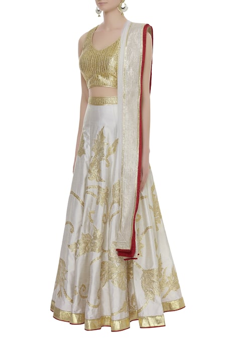 Shop_Vandana Sethi_Gold V Neck Gota Patti Embroidered Bridal Lehenga Set _Online_at_Aza_Fashions