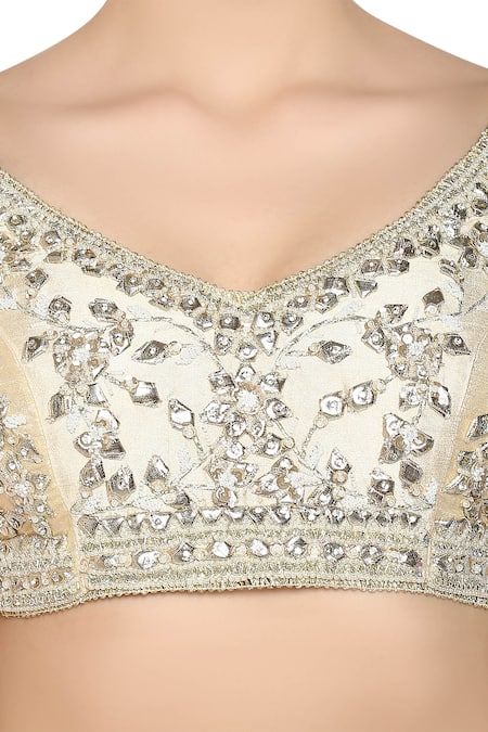 Buy_Preeti S Kapoor_Beige Dupion V Neck Embroidered Lehenga Set _Online_at_Aza_Fashions