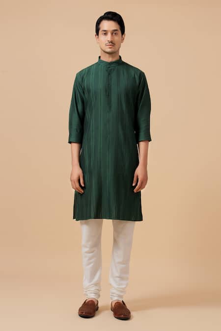 Raghavendra Rathore Blue Green Silk Band Collar Pleated Kurta Online at Aza Fashions Raghavendra Rathore Blue_Green Silk Band Collar Pleated Kurta _Online_at_Aza_Fashions
