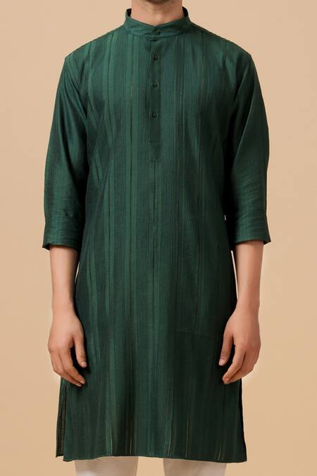 Buy Raghavendra Rathore Blue Green Silk Band Collar Pleated Kurta Online at Aza Fashions Buy_Raghavendra Rathore Blue_Green Silk Band Collar Pleated Kurta _Online_at_Aza_Fashions