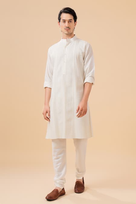 Raghavendra Rathore Blue_Off White Raw Silk Straight Pleated Kurta _Online_at_Aza_Fashions
