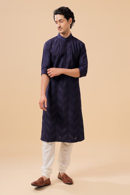 Raghavendra Rathore Blue_Blue Silk Chevron Pattern Kurta _Online_at_Aza_Fashions