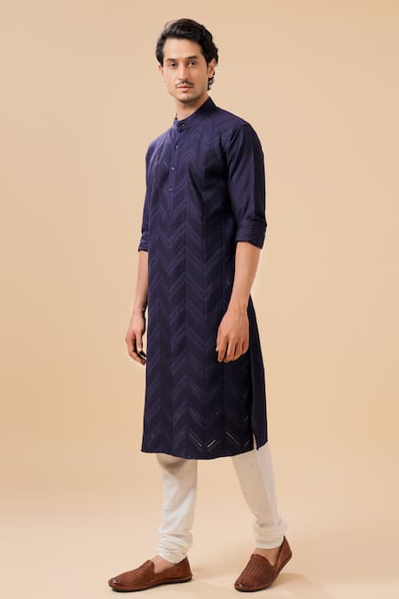 Buy_Raghavendra Rathore Blue_Blue Silk Chevron Pattern Kurta _Online_at_Aza_Fashions