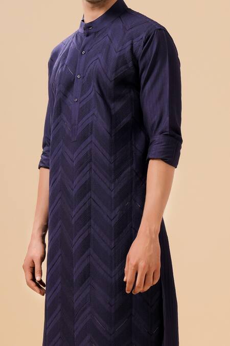 Shop_Raghavendra Rathore Blue_Blue Silk Chevron Pattern Kurta _Online_at_Aza_Fashions