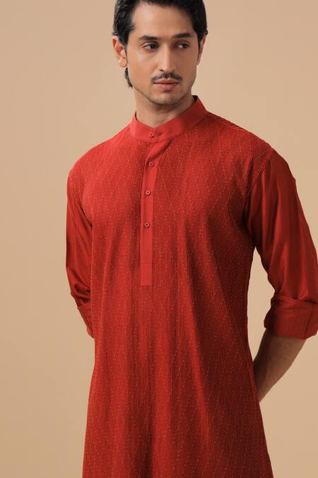 Raghavendra Rathore Blue Maroon Raw Silk Pintuck Kurta  5