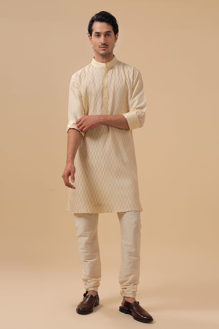 Raghavendra Rathore Blue_Beige Raw Silk Geometric Pattern Kurta _Online_at_Aza_Fashions