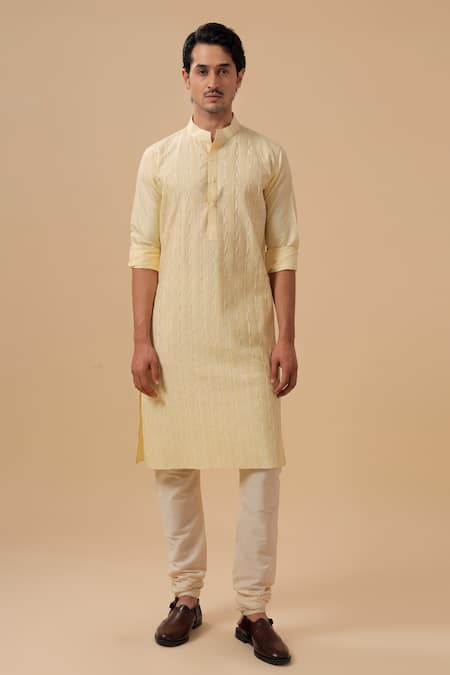 Raghavendra Rathore Blue Yellow Silk Pleated Straight Kurta Online at Aza Fashions Raghavendra Rathore Blue_Yellow Silk Pleated Straight Kurta _Online_at_Aza_Fashions