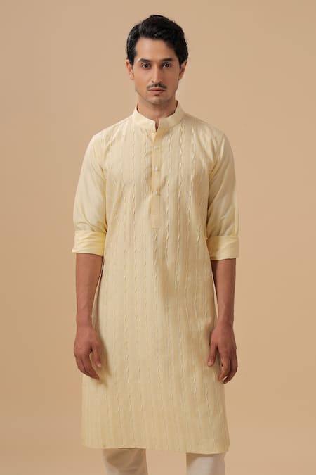 Shop Raghavendra Rathore Blue Yellow Silk Pleated Straight Kurta Online at Aza Fashions Shop_Raghavendra Rathore Blue_Yellow Silk Pleated Straight Kurta _Online_at_Aza_Fashions