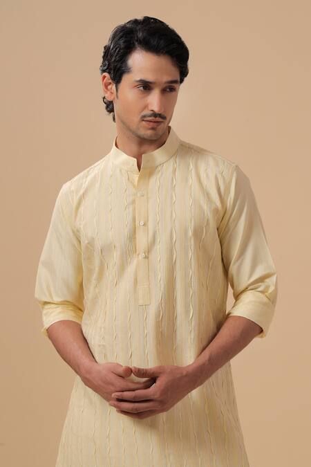 Raghavendra Rathore Blue Yellow Silk Pleated Straight Kurta at Aza Fashions Raghavendra Rathore Blue_Yellow Silk Pleated Straight Kurta _at_Aza_Fashions