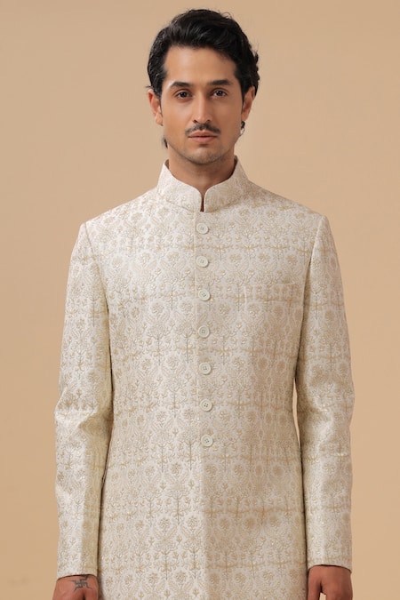 Raghavendra Rathore Blue_Off White Silk Embroidery Flower Achkan _Online_at_Aza_Fashions
