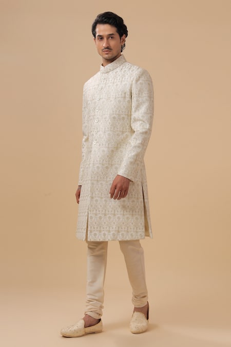Buy_Raghavendra Rathore Blue_Off White Silk Embroidery Flower Achkan _Online_at_Aza_Fashions
