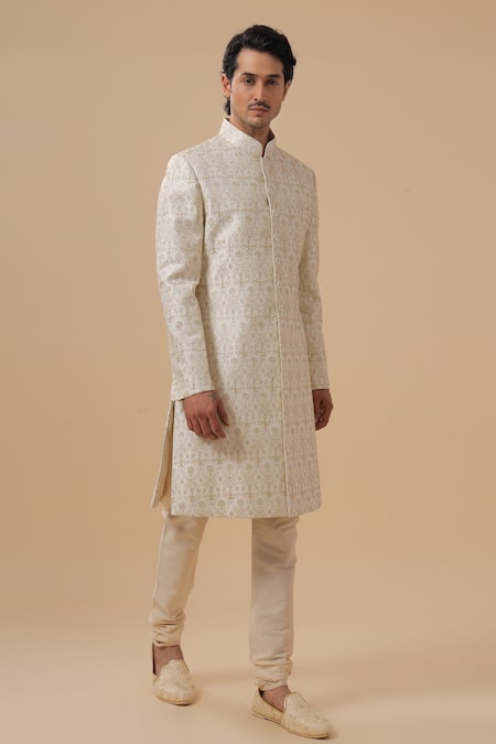 Shop_Raghavendra Rathore Blue_Off White Silk Embroidery Flower Achkan _Online_at_Aza_Fashions