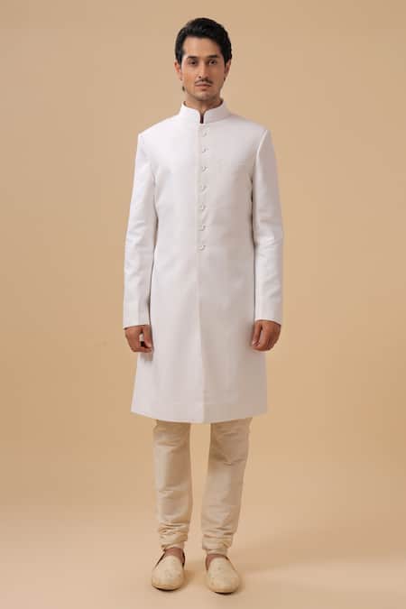 Raghavendra Rathore Blue_Off White Mandarin Collar Achkan _Online_at_Aza_Fashions