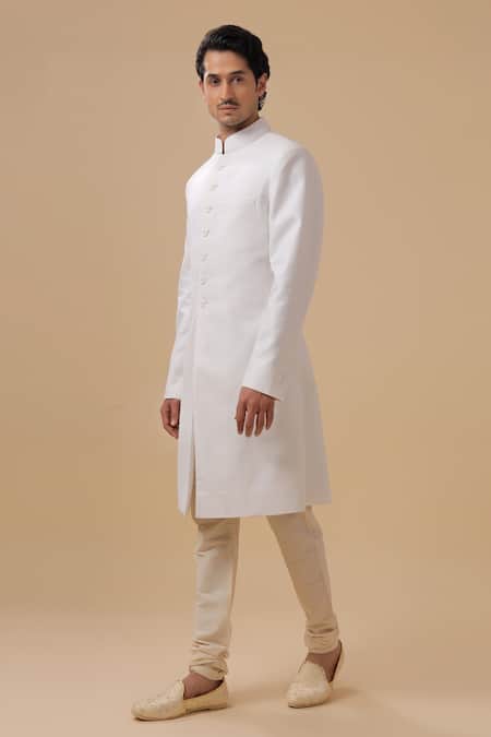 Shop_Raghavendra Rathore Blue_Off White Mandarin Collar Achkan _Online_at_Aza_Fashions