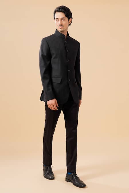 Raghavendra Rathore Blue_Black Cotton Stripe Pattern Bandhgala _Online_at_Aza_Fashions