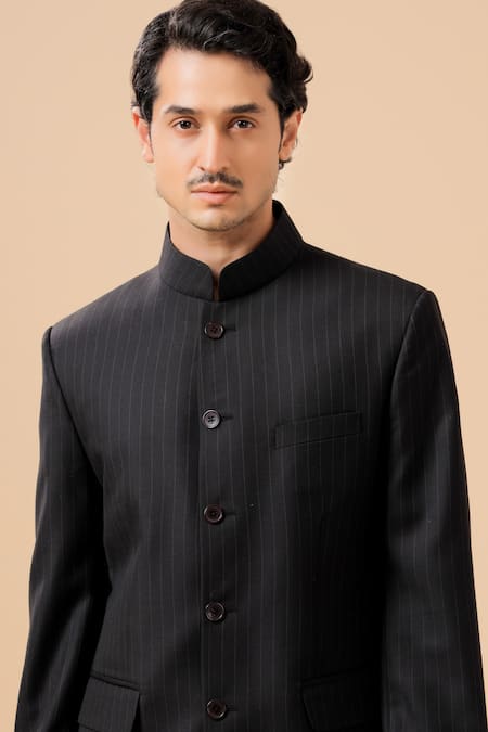 Buy_Raghavendra Rathore Blue_Black Cotton Stripe Pattern Bandhgala _Online_at_Aza_Fashions