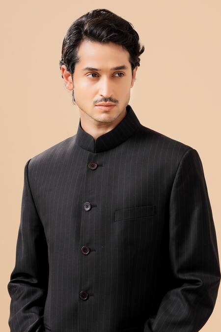 Shop_Raghavendra Rathore Blue_Black Cotton Stripe Pattern Bandhgala _Online_at_Aza_Fashions