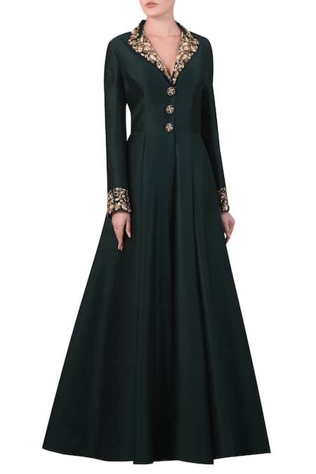 Samant Chauhan Green Cotton Silk Embroidered Zari Short Lapel Collared Gown 