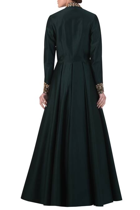 Shop_Samant Chauhan_Green Cotton Silk Embroidered Zari Short Lapel Collared Gown_at_Aza_Fashions
