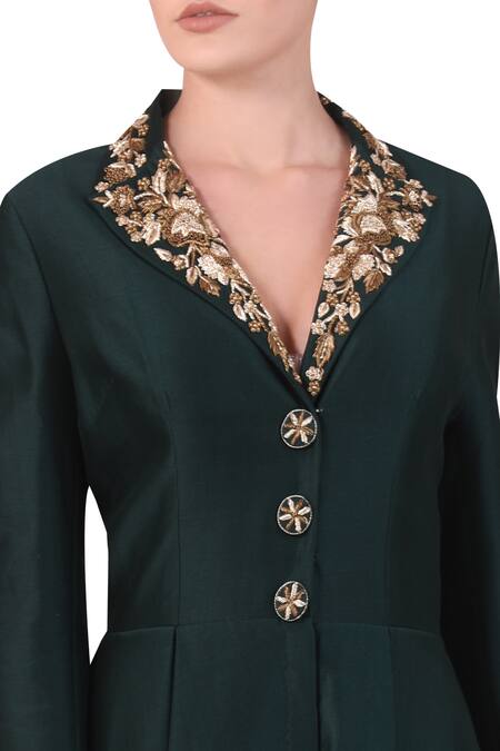 Samant Chauhan_Green Cotton Silk Embroidered Zari Short Lapel Collared Gown_Online_at_Aza_Fashions