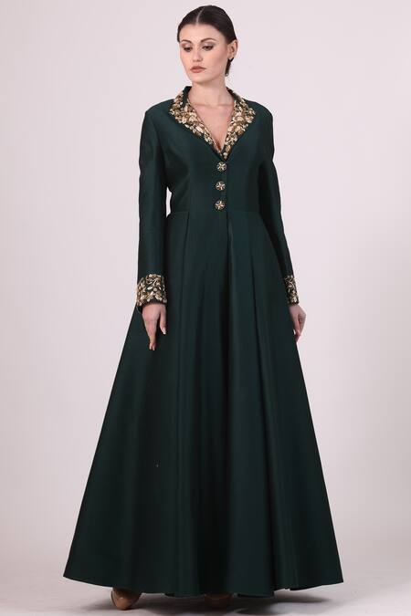 Buy_Samant Chauhan_Green Cotton Silk Embroidered Zari Short Lapel Collared Gown_Online_at_Aza_Fashions