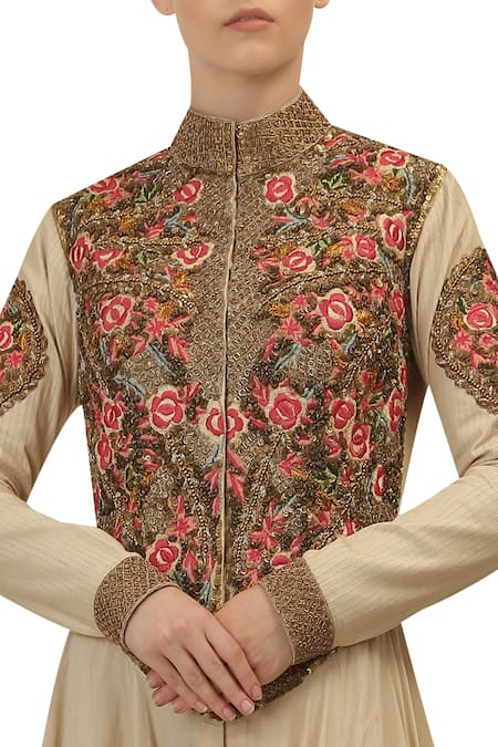 Samant Chauhan_Gold Shimmer Cotton Embroidered Thread High Neck Asymmetric Kurta _Online_at_Aza_Fashions