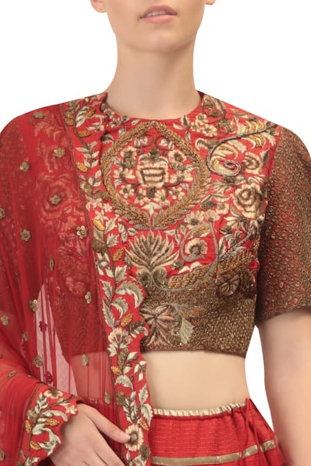 Samant Chauhan_Red Cotton Silk Zardozi Round Embroidered Bridal Lehenga Set _Online_at_Aza_Fashions