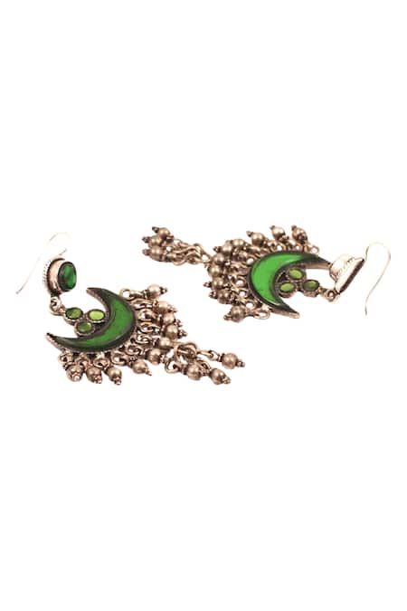 Sangeeta Boochra_Green Stones, Tassels Crescent Dangler Earrings _Online_at_Aza_Fashions