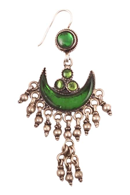 Buy_Sangeeta Boochra_Green Stones, Tassels Crescent Dangler Earrings _Online_at_Aza_Fashions