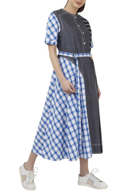 S & V Designs_Multi Color Checkered Striped Dress With Belt_Online_at_Aza_Fashions