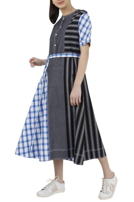 Buy_S & V Designs_Multi Color Checkered Striped Dress With Belt_Online_at_Aza_Fashions