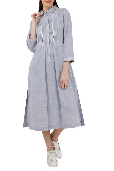 S & V Designs_Grey Embroidered Box Pleated Dress_Online_at_Aza_Fashions