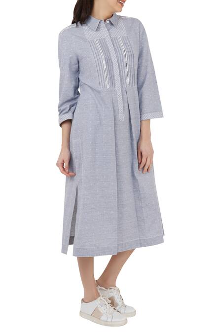 Buy_S & V Designs_Grey Embroidered Box Pleated Dress_Online_at_Aza_Fashions