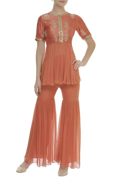 Chhavvi Aggarwal Orange Georgette Round Embroidered Kurta Sharara Set 