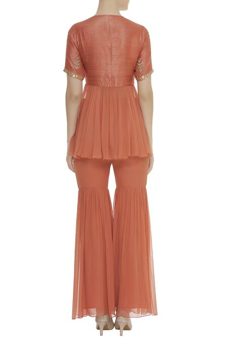 Shop Chhavvi Aggarwal Orange Raw Silk, Georgette Round Embroidered Kurta Sharara Set at Aza Fashions Shop_Chhavvi Aggarwal_Orange Raw Silk, Georgette Round Embroidered Kurta Sharara Set_at_Aza_Fashions
