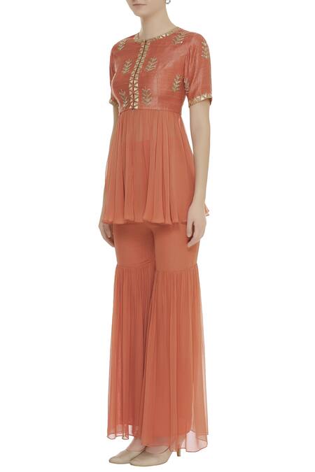 Chhavvi Aggarwal Orange Raw Silk, Georgette Round Embroidered Kurta Sharara Set Online at Aza Fashions Chhavvi Aggarwal_Orange Raw Silk, Georgette Round Embroidered Kurta Sharara Set_Online_at_Aza_Fashions