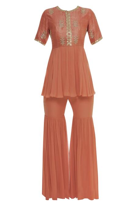 Buy Chhavvi Aggarwal Orange Raw Silk, Georgette Round Embroidered Kurta Sharara Set Online at Aza Fashions Buy_Chhavvi Aggarwal_Orange Raw Silk, Georgette Round Embroidered Kurta Sharara Set_Online_at_Aza_Fashions