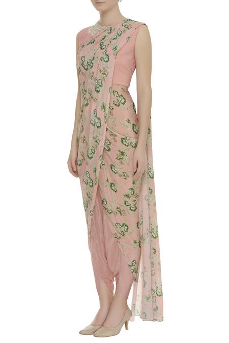 Chhavvi Aggarwal_Peach Draped Saree Blouse With Dhoti Pants_Online_at_Aza_Fashions