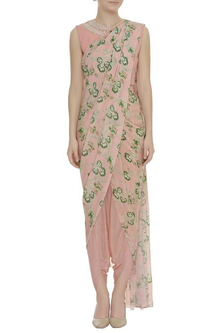 Buy_Chhavvi Aggarwal_Peach Draped Saree Blouse With Dhoti Pants_Online_at_Aza_Fashions