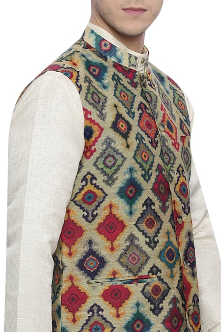 Mayank Modi - Men_Multi Color Chanderi Geometric Digital Printed Nehru Jacket For Kids_Online_at_Aza_Fashions
