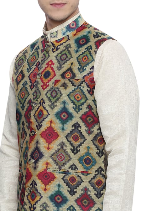 Shop_Mayank Modi - Men_Multi Color Chanderi Geometric Digital Printed Nehru Jacket For Kids_Online_at_Aza_Fashions
