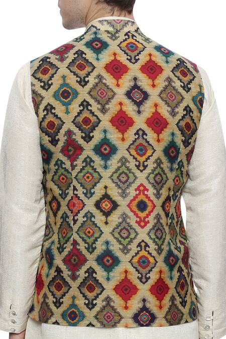 Mayank Modi - Men_Multi Color Chanderi Geometric Digital Printed Nehru Jacket For Kids_at_Aza_Fashions