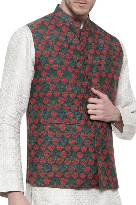 Mayank Modi - Men Red Chanderi Embroidery Floral Print Nehru Jacket Online at Aza Fashions Mayank Modi - Men_Red Chanderi Embroidery Floral Print Nehru Jacket_Online_at_Aza_Fashions